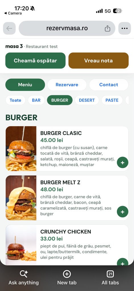 Meniul pe telefon, cu poze și prețuri